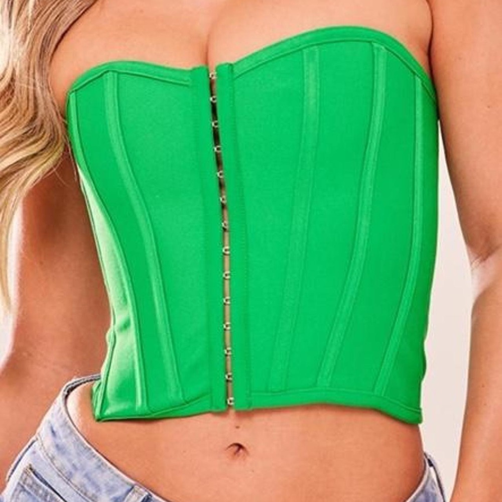 Prettylittlething neon green hook & eye corset bustier crop top going out